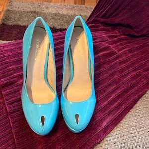 Ladies 5 inch Turquoise Patent Peep-toe Heels